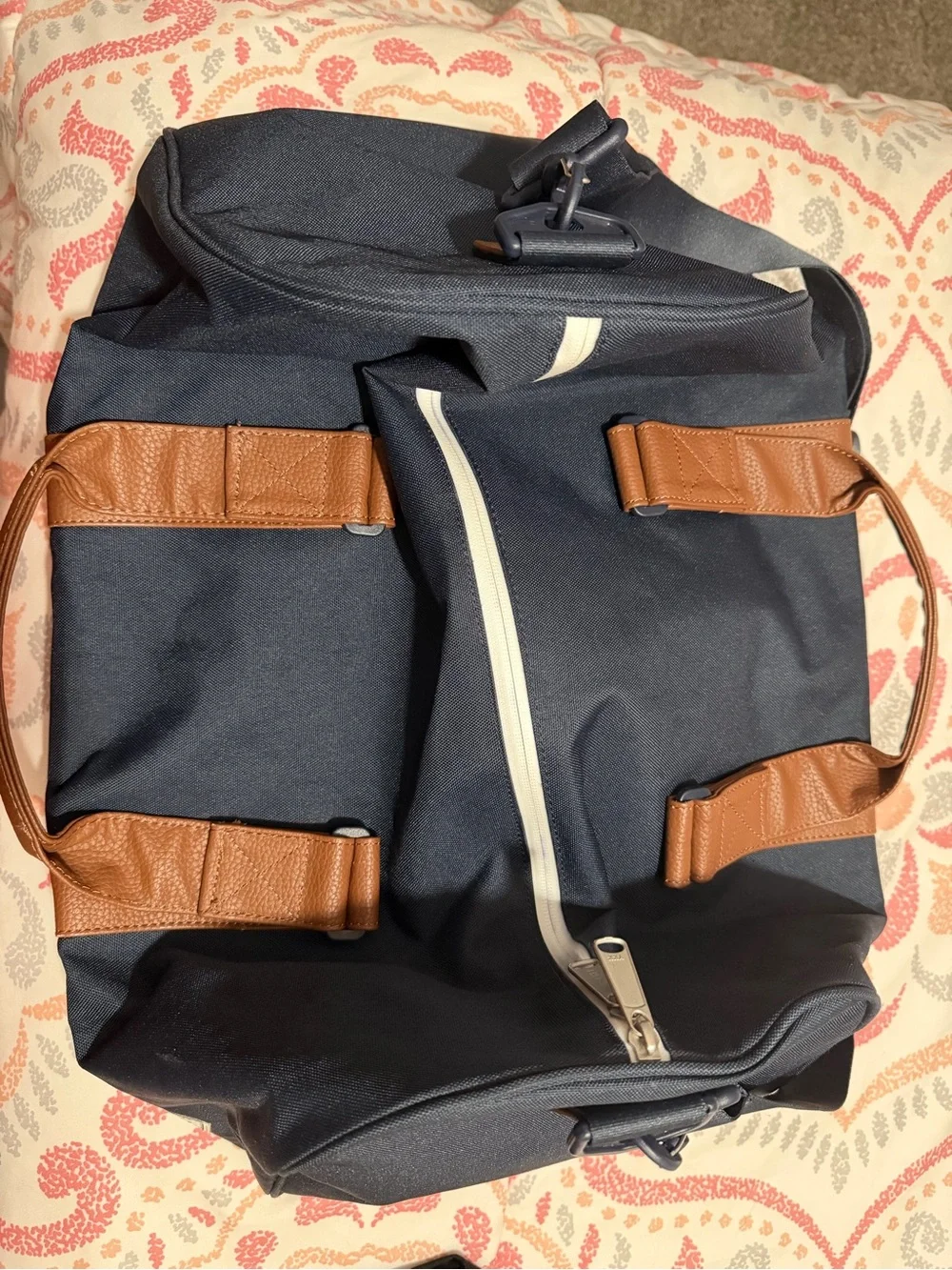 Herschel Navy Travel Duffel Bag with Brown Leather Accents
